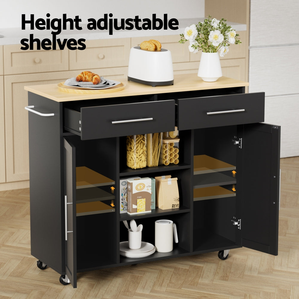 Artiss Kitchen Island Trolley Rolling Serving Cart Storage Drawer Cabinet 100cm Black - Homecoze