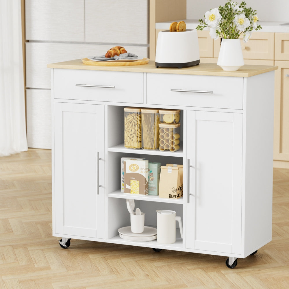 Artiss Kitchen Island Trolley Rolling Serving Cart Storage Drawer Cabinet 100cm White - Homecoze