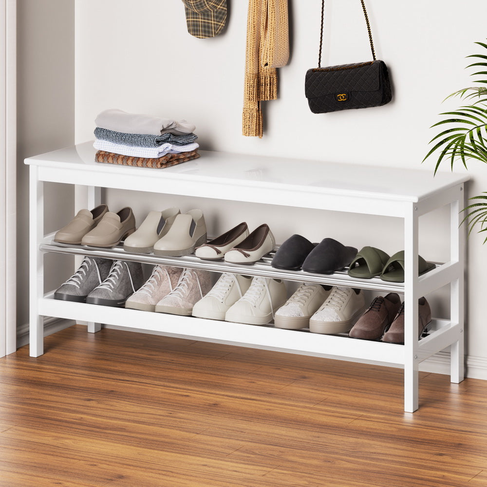 Shoe Rack Storage Bench Bamboo up to 10 Pairs - White - Homecoze