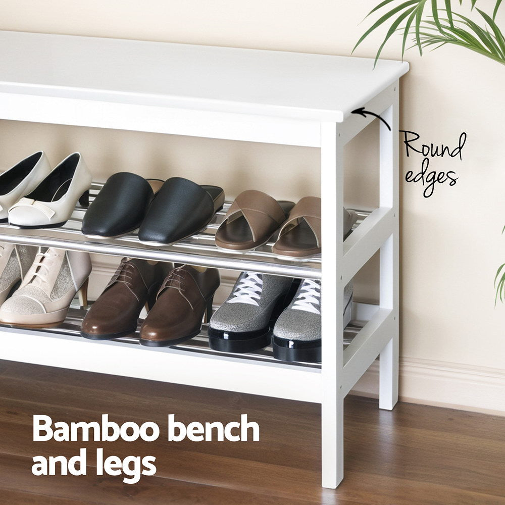 Shoe Rack Storage Bench Bamboo up to 10 Pairs - White - Homecoze