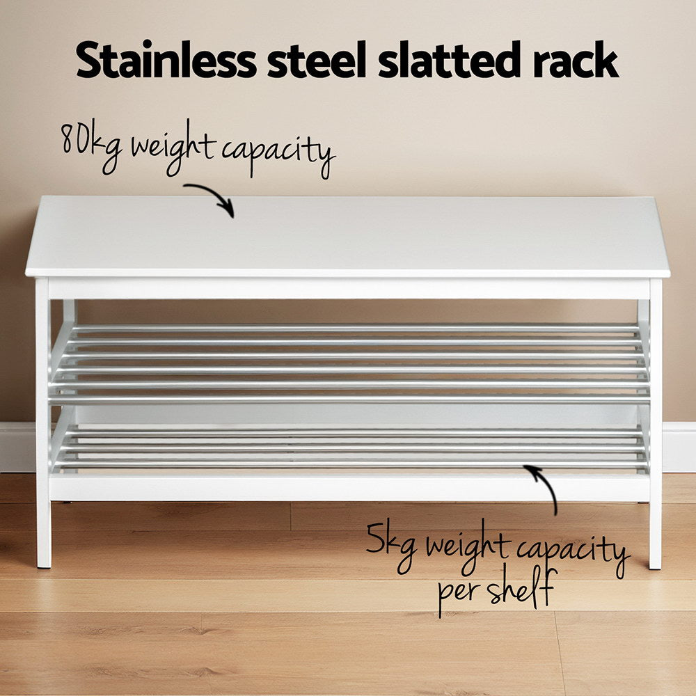 Shoe Rack Storage Bench Bamboo up to 10 Pairs - White - Homecoze