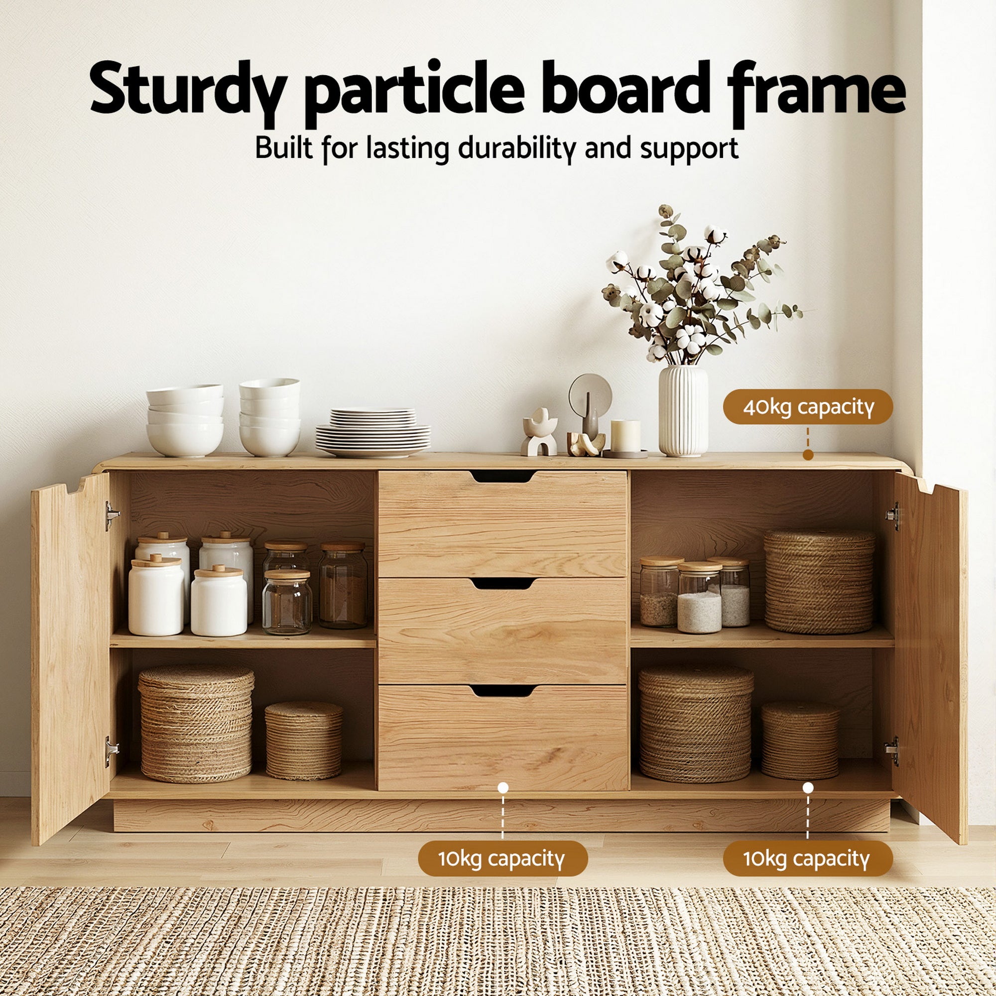 Artiss Buffet Sideboard Cabinet Storage Kitchen Cupboard Drawers Round Edge Oak - Homecoze