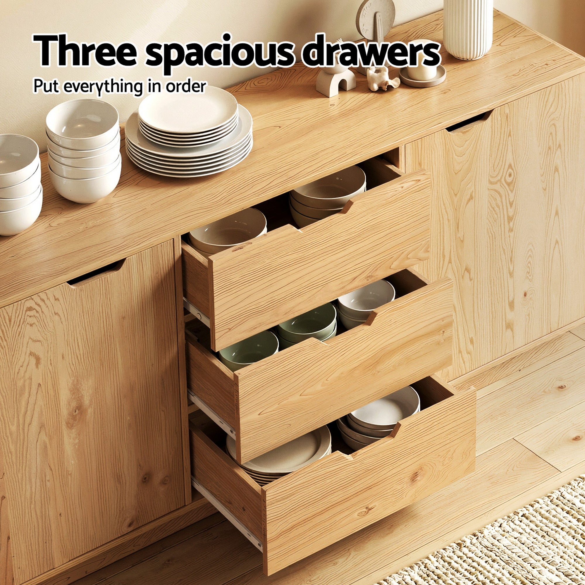 Artiss Buffet Sideboard Cabinet Storage Kitchen Cupboard Drawers Round Edge Oak - Homecoze