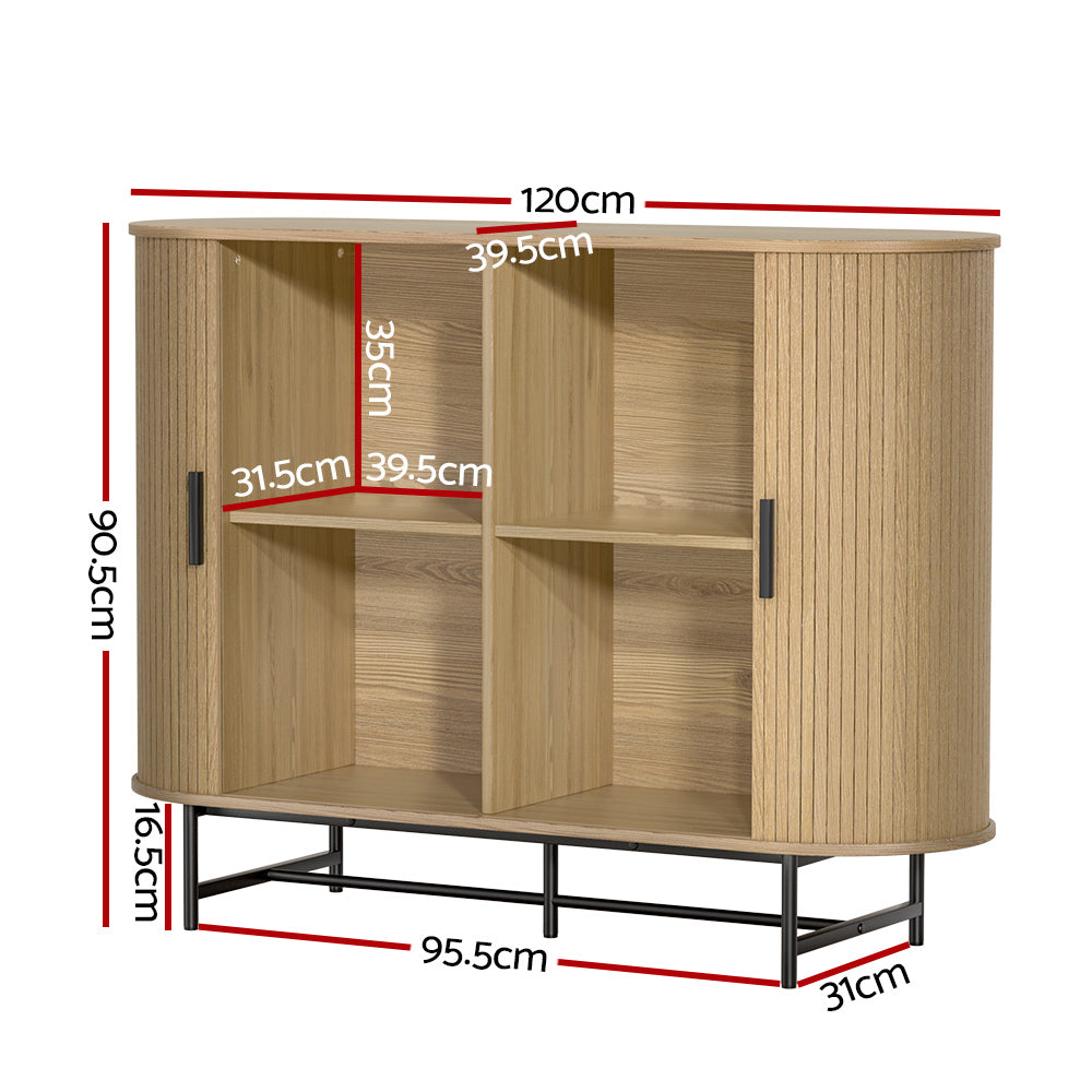 Buffet Sideboard Storage Cupboard with Fluted Sliding Doors - Oak - Homecoze