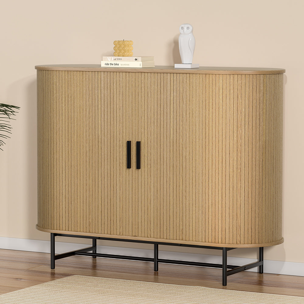 Buffet Sideboard Storage Cupboard with Fluted Sliding Doors - Oak - Homecoze
