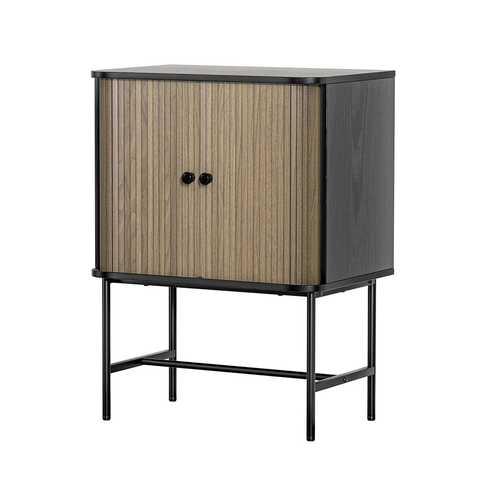 Mini Buffet Sideboard Cupboard with Fluted Sliding Doors - Black & Pine - Homecoze