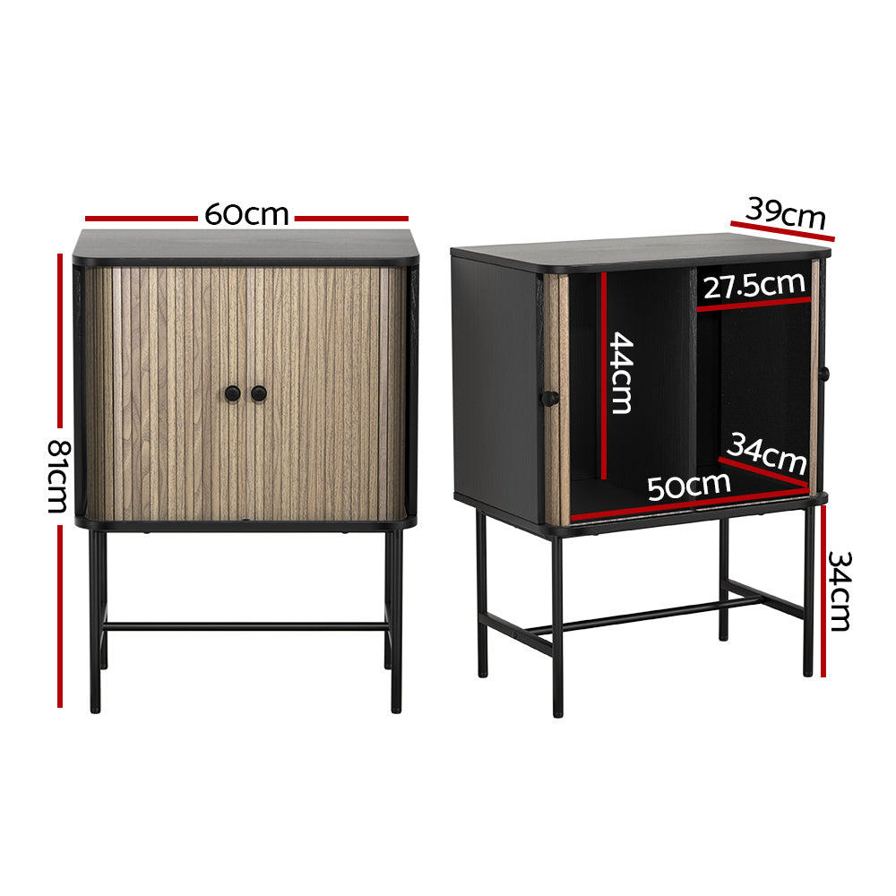 Mini Buffet Sideboard Cupboard with Fluted Sliding Doors - Black & Pine - Homecoze