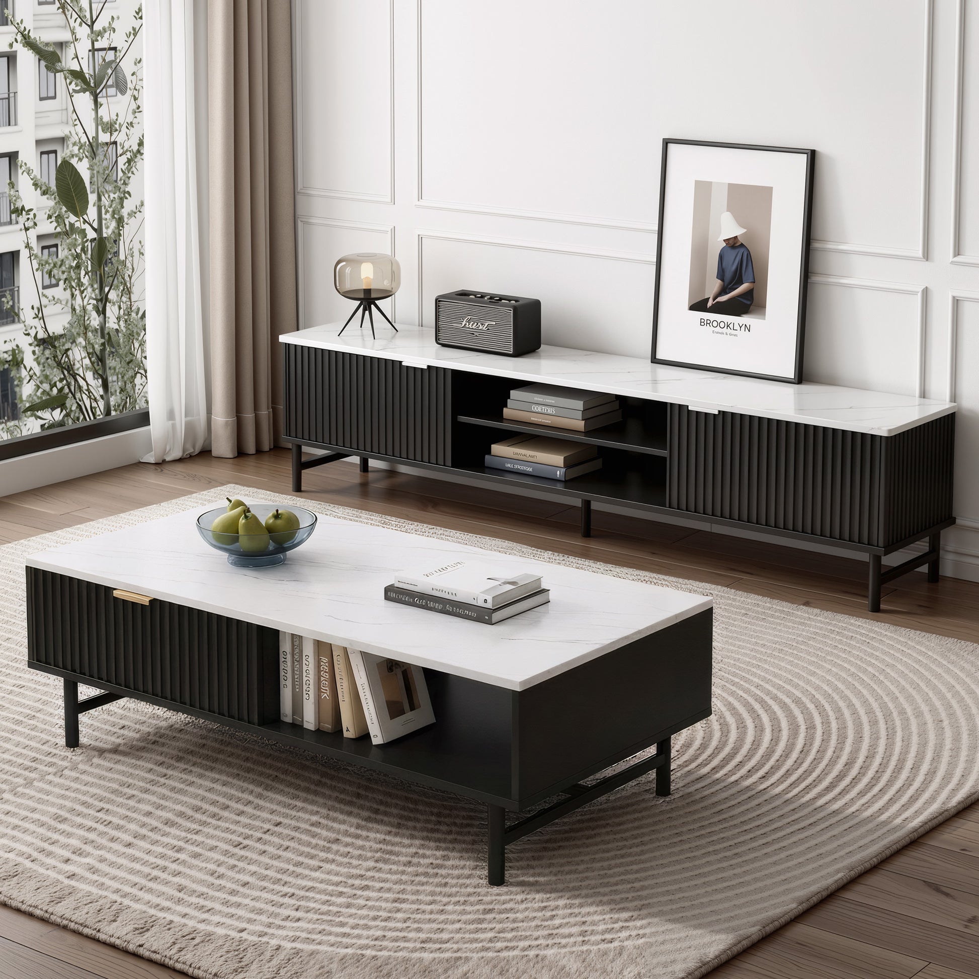 Artiss TV Unit & Coffee Table Set Storage Shelf Black - Homecoze