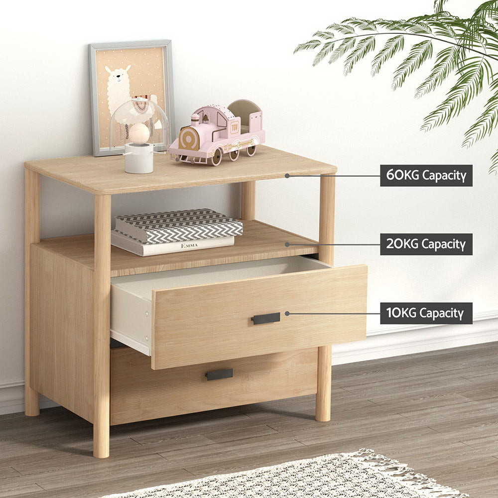 Bedside Table Nightstand 2 Drawers - Pine - Homecoze