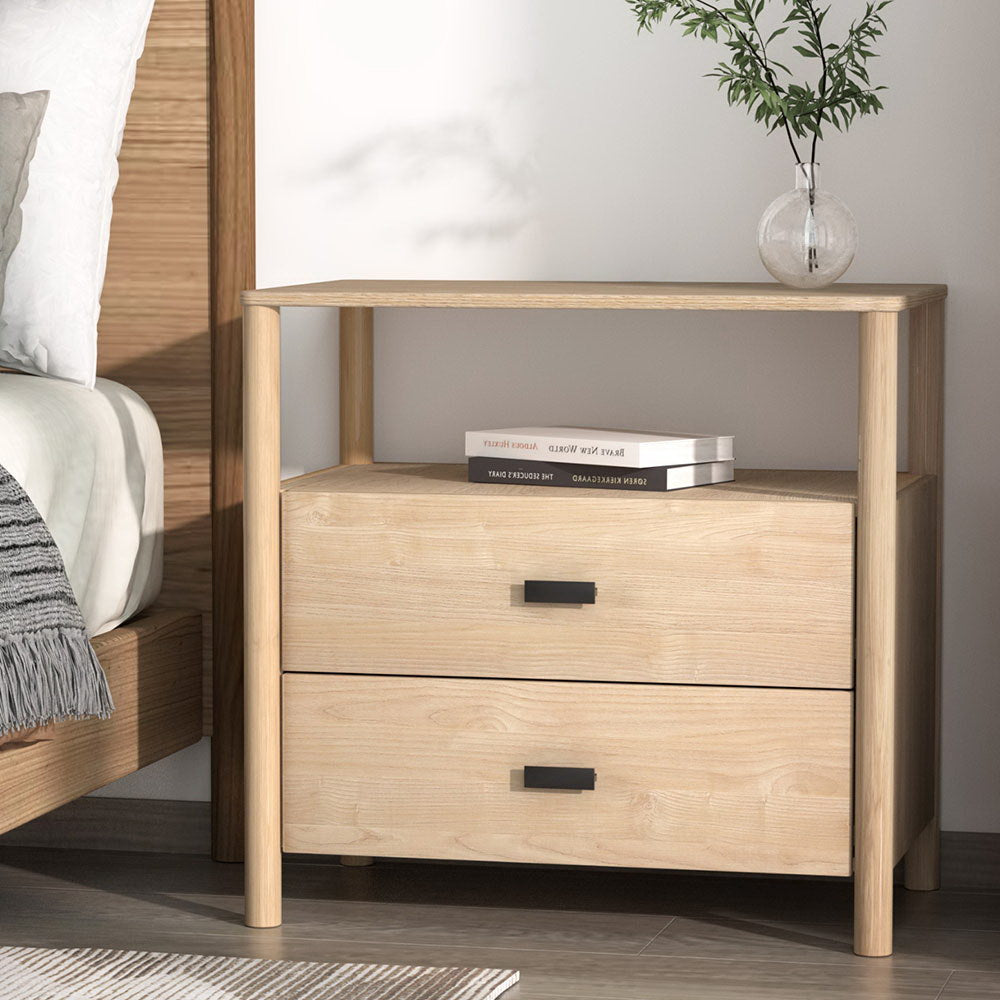 Bedside Table Nightstand 2 Drawers - Pine - Homecoze