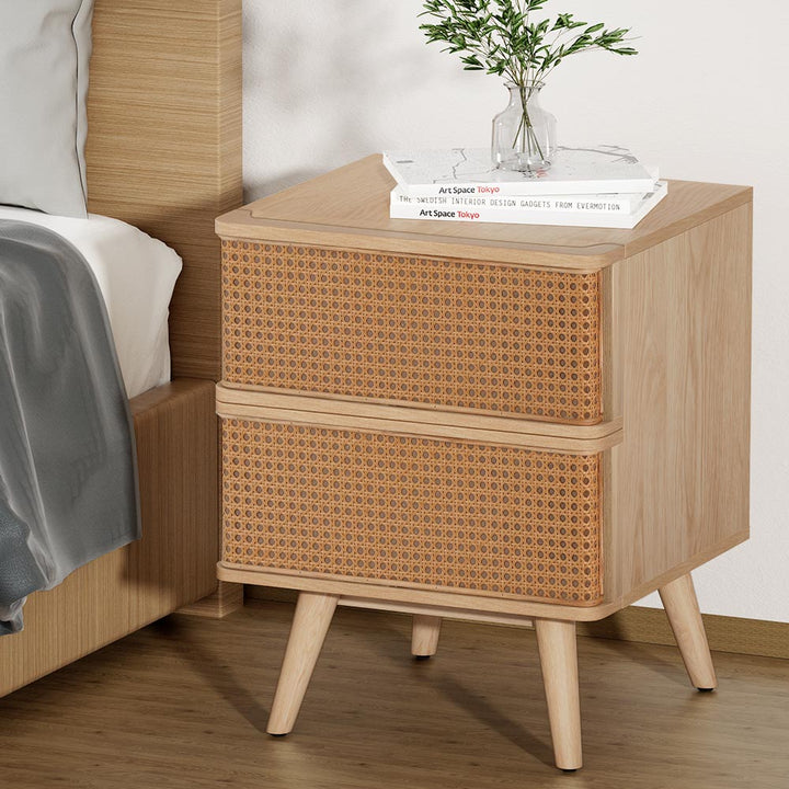 Traditional Rattan Style Bedside Table 2 Drawer Nightstand - Pine