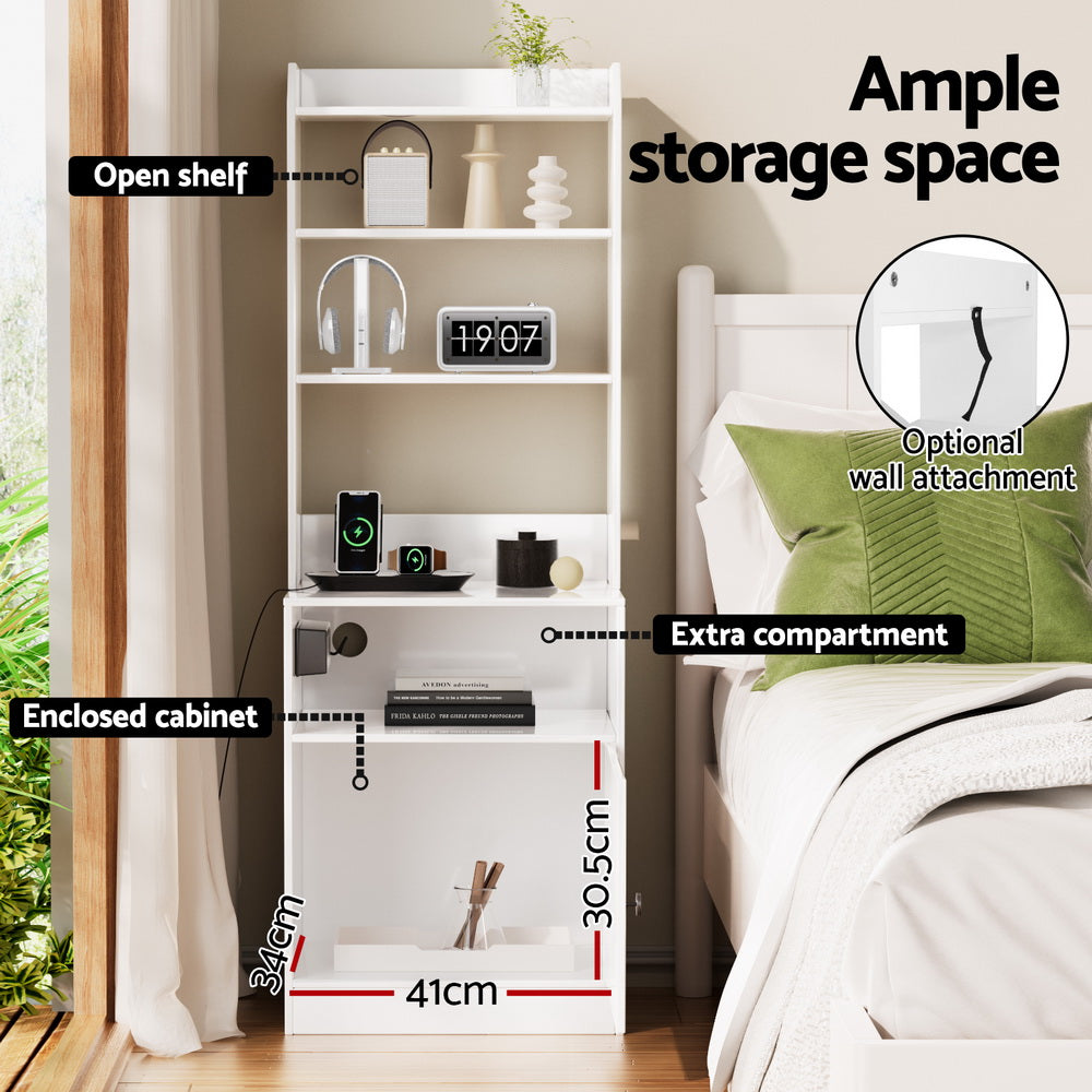 Bedside Table Shelf with Charging Station - White - Homecoze