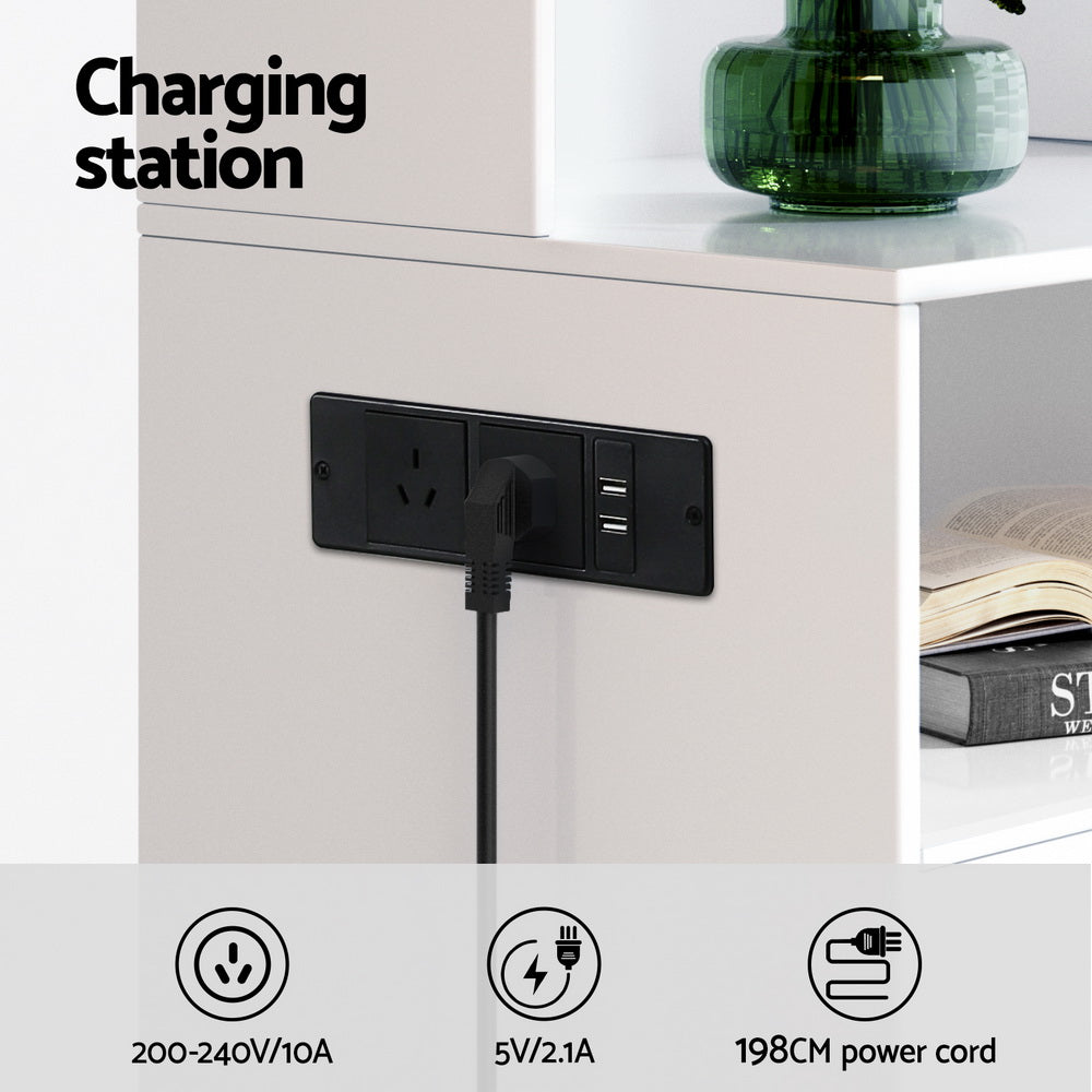 Bedside Table Shelf with Charging Station - White - Homecoze