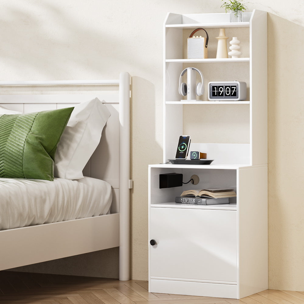 Bedside Table Shelf with Charging Station - White - Homecoze