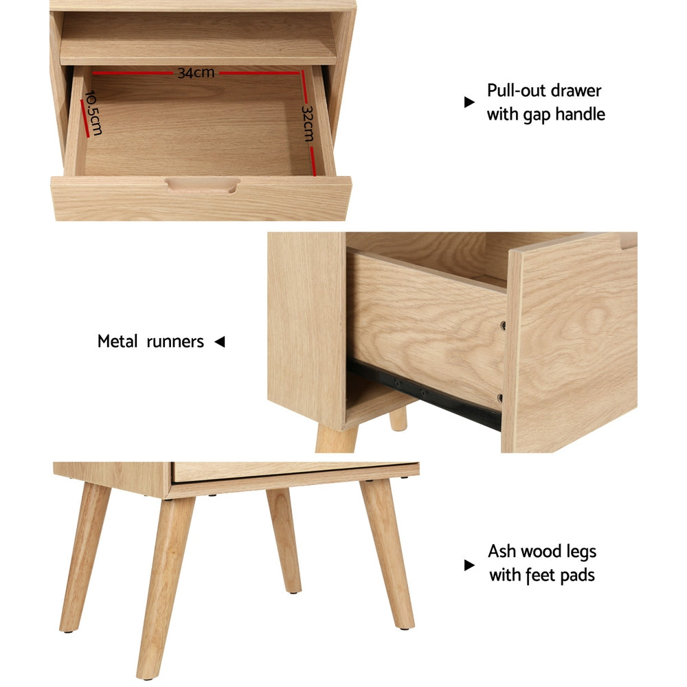 Scandi Style Bedside Table with Book Shelf - Pine - Homecoze