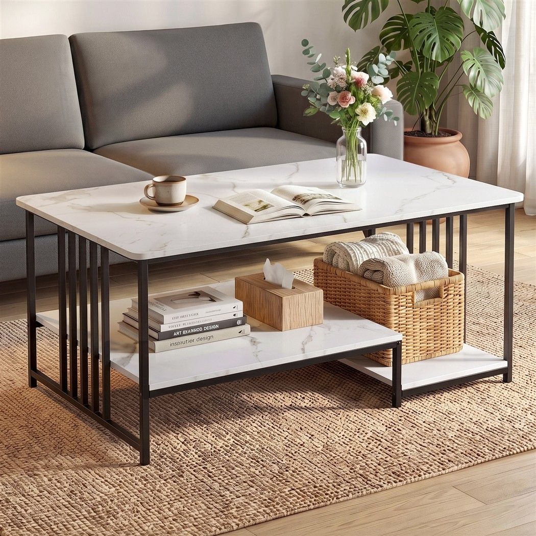 Cosette 2-Tier Marble-Look Coffee Table 100cm – White & Black