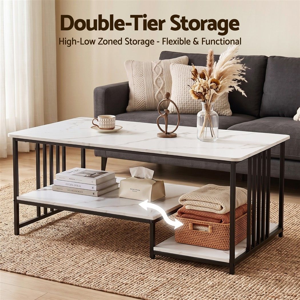 Cosette 2-Tier Marble-Look Coffee Table 100cm – White & Black