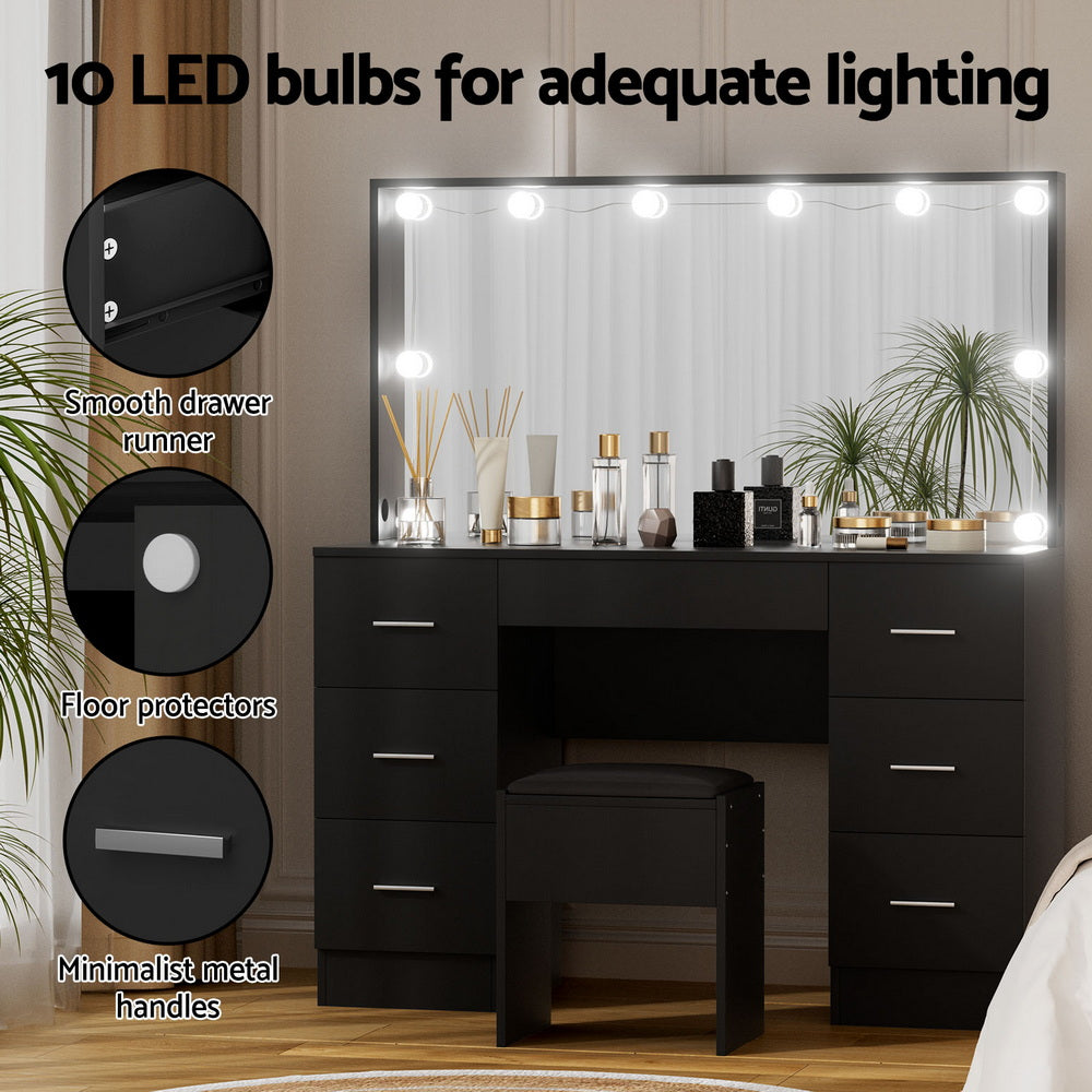 Artiss Dressing Table Vanity Desk Set Stool 10 Led Bulbs Black - Homecoze