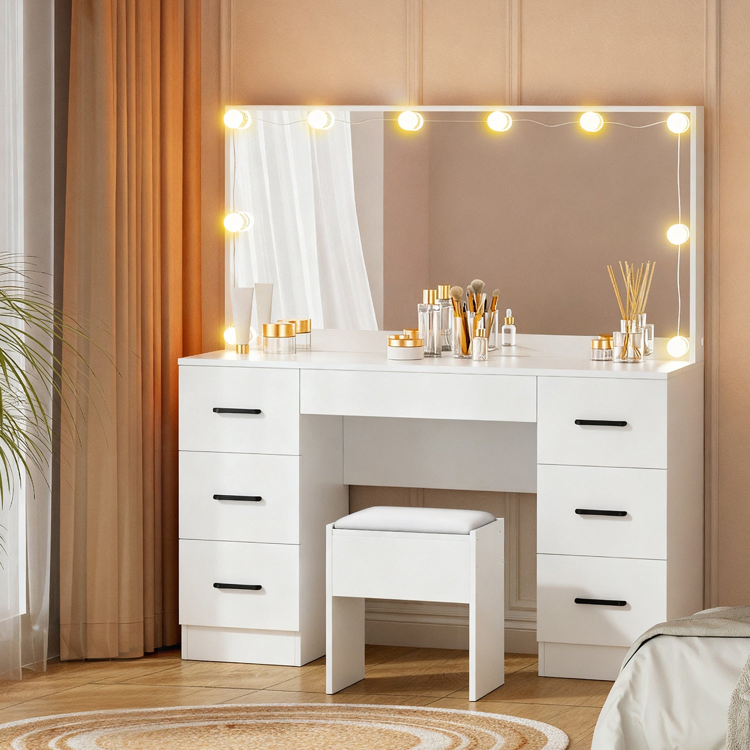 Dressing Table Set with Stool & 10 Bulb LED Hollywood Mirror - White - Homecoze