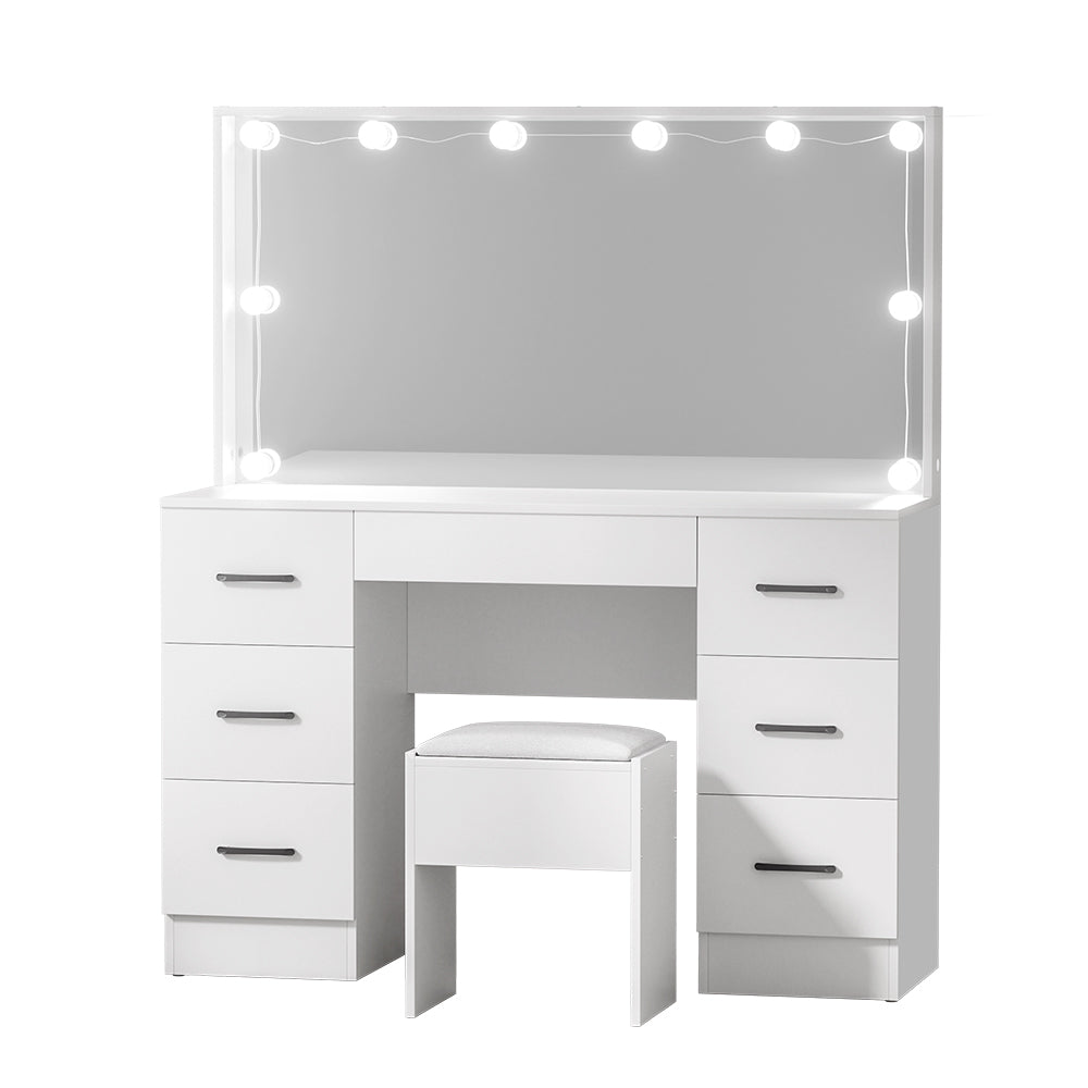 Dressing Table Set with Stool & 10 Bulb LED Hollywood Mirror - White - Homecoze