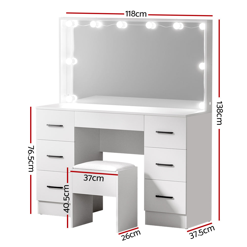 Dressing Table Set with Stool & 10 Bulb LED Hollywood Mirror - White - Homecoze
