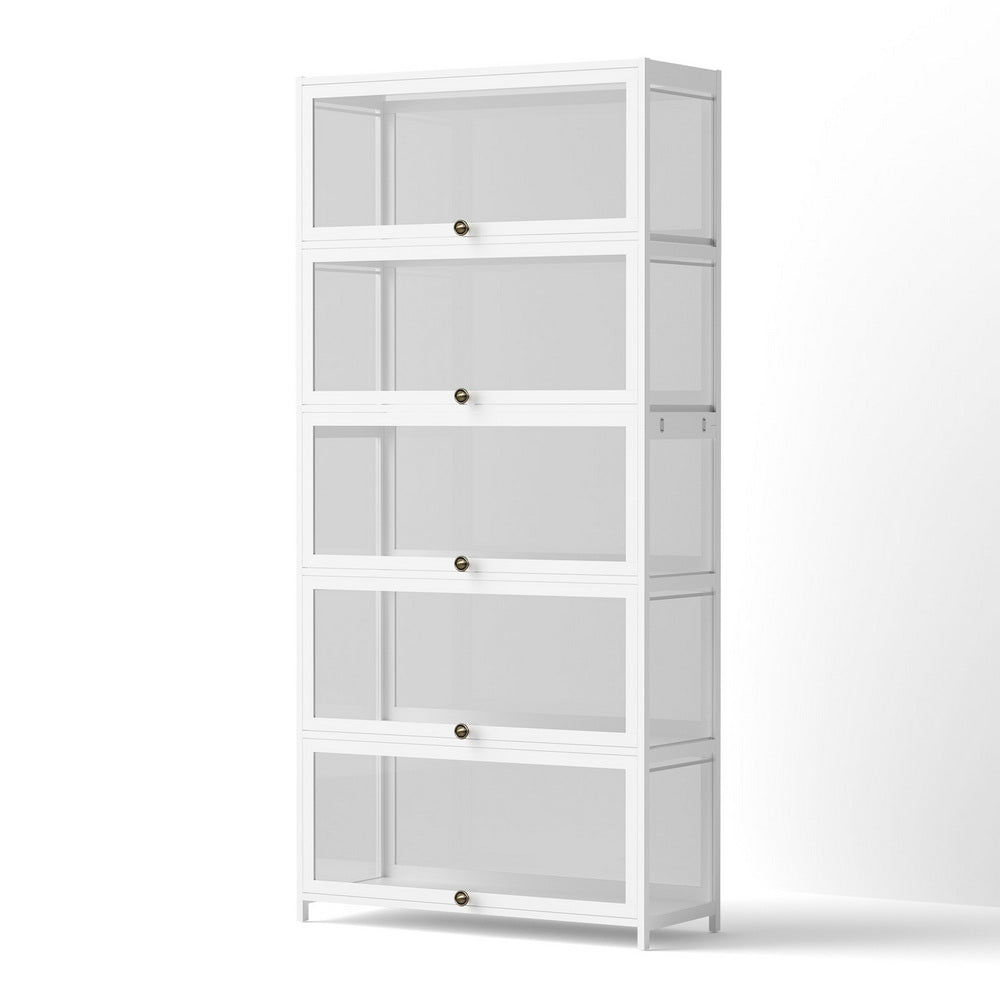 5-Tier Clear-Door Display Cabinet Bookshelf – White