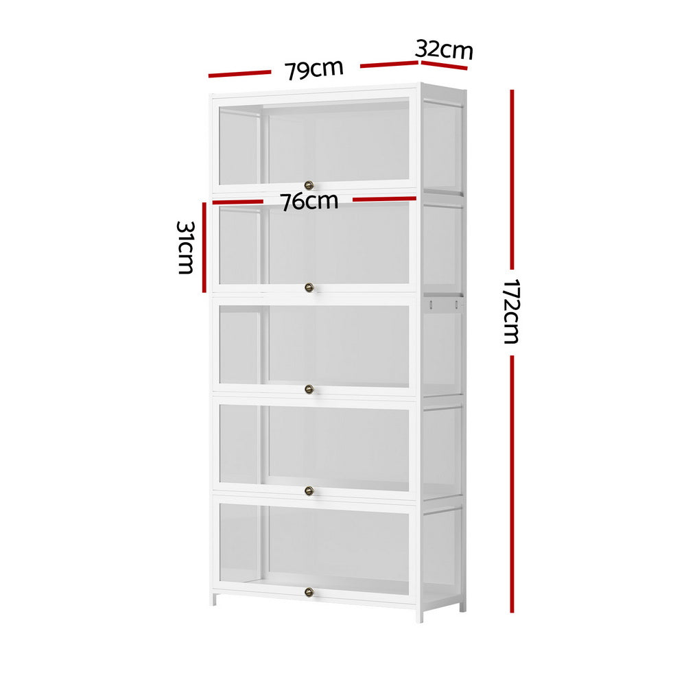 5-Tier Clear-Door Display Cabinet Bookshelf – White