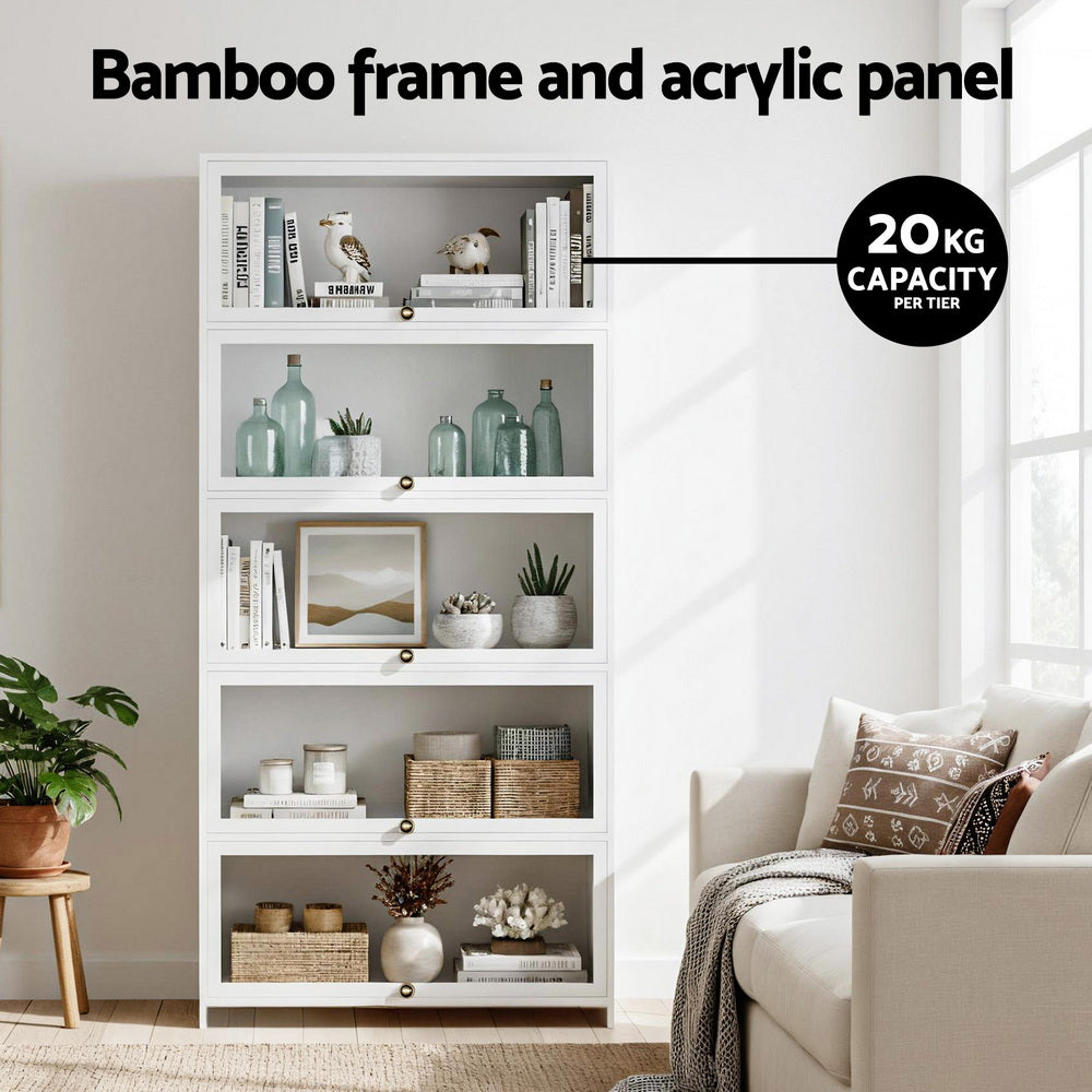 5-Tier Clear-Door Display Cabinet Bookshelf – White