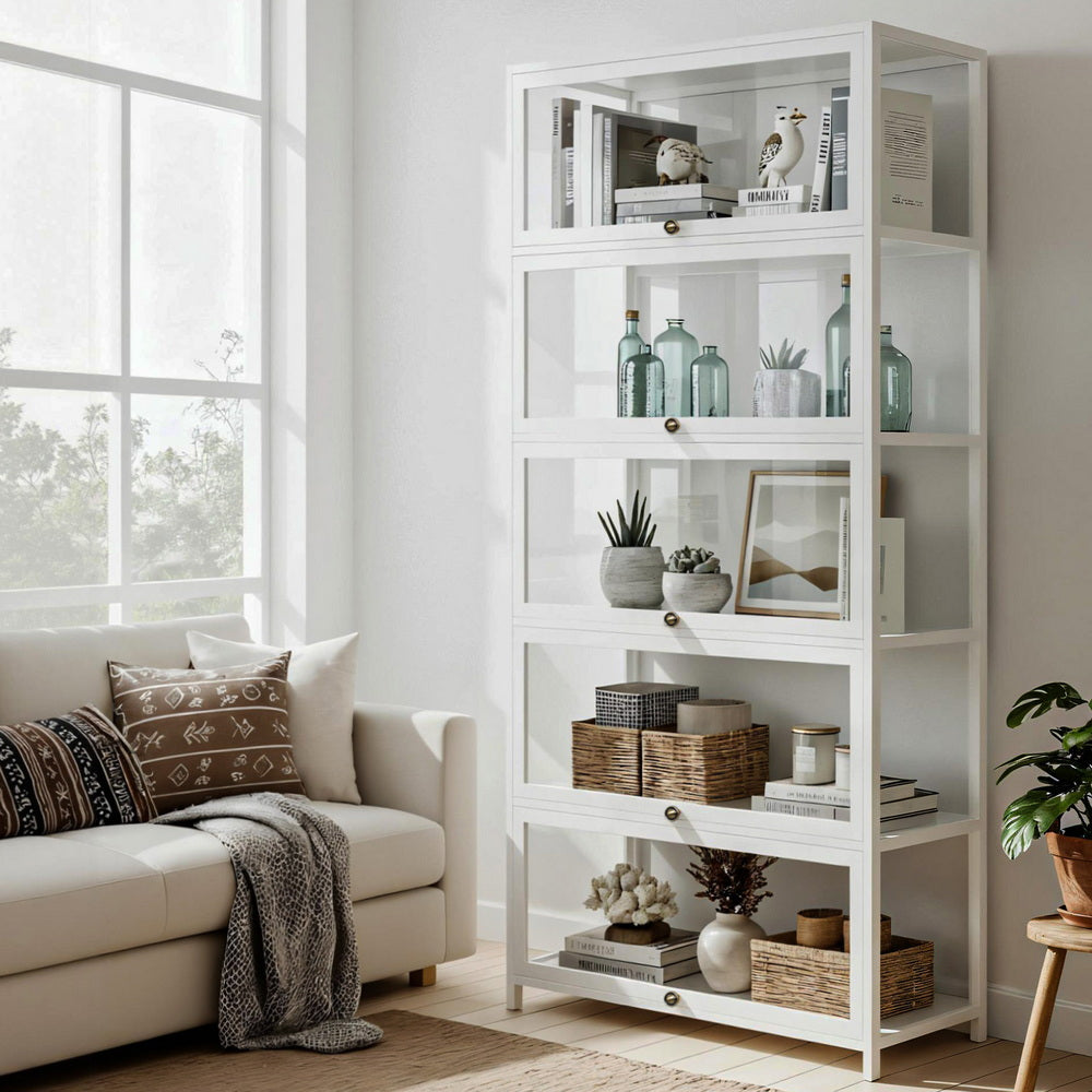 5-Tier Clear-Door Display Cabinet Bookshelf – White