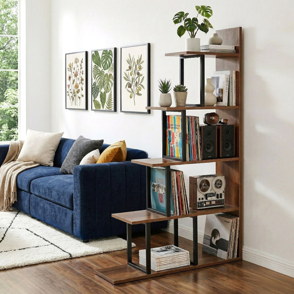 5-Tier Ladder Bookshelf Display Shelf - Walnut & Black