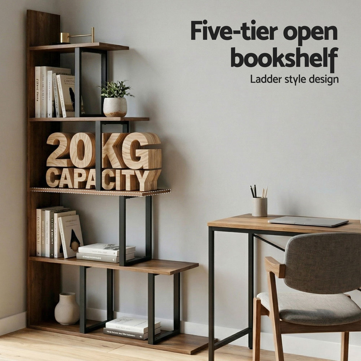 5-Tier Ladder Bookshelf Display Shelf - Walnut & Black