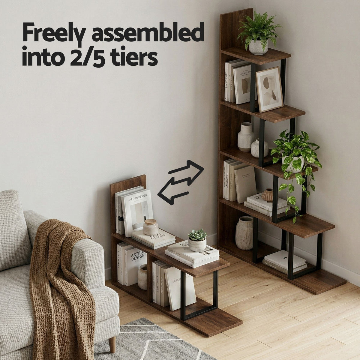 5-Tier Ladder Bookshelf Display Shelf - Walnut & Black