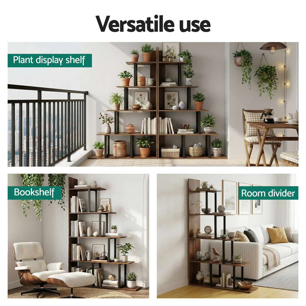 5-Tier Ladder Bookshelf Display Shelf - Walnut & Black