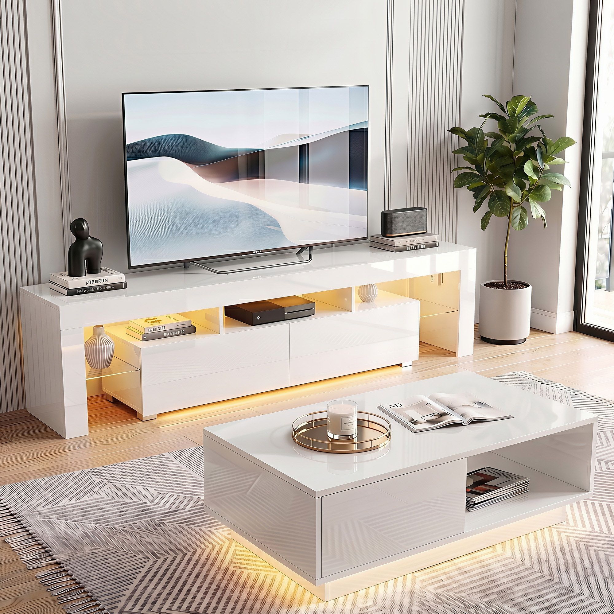 Artiss LED TV Unit & Coffee Table Set Storage Cabinet White - Homecoze