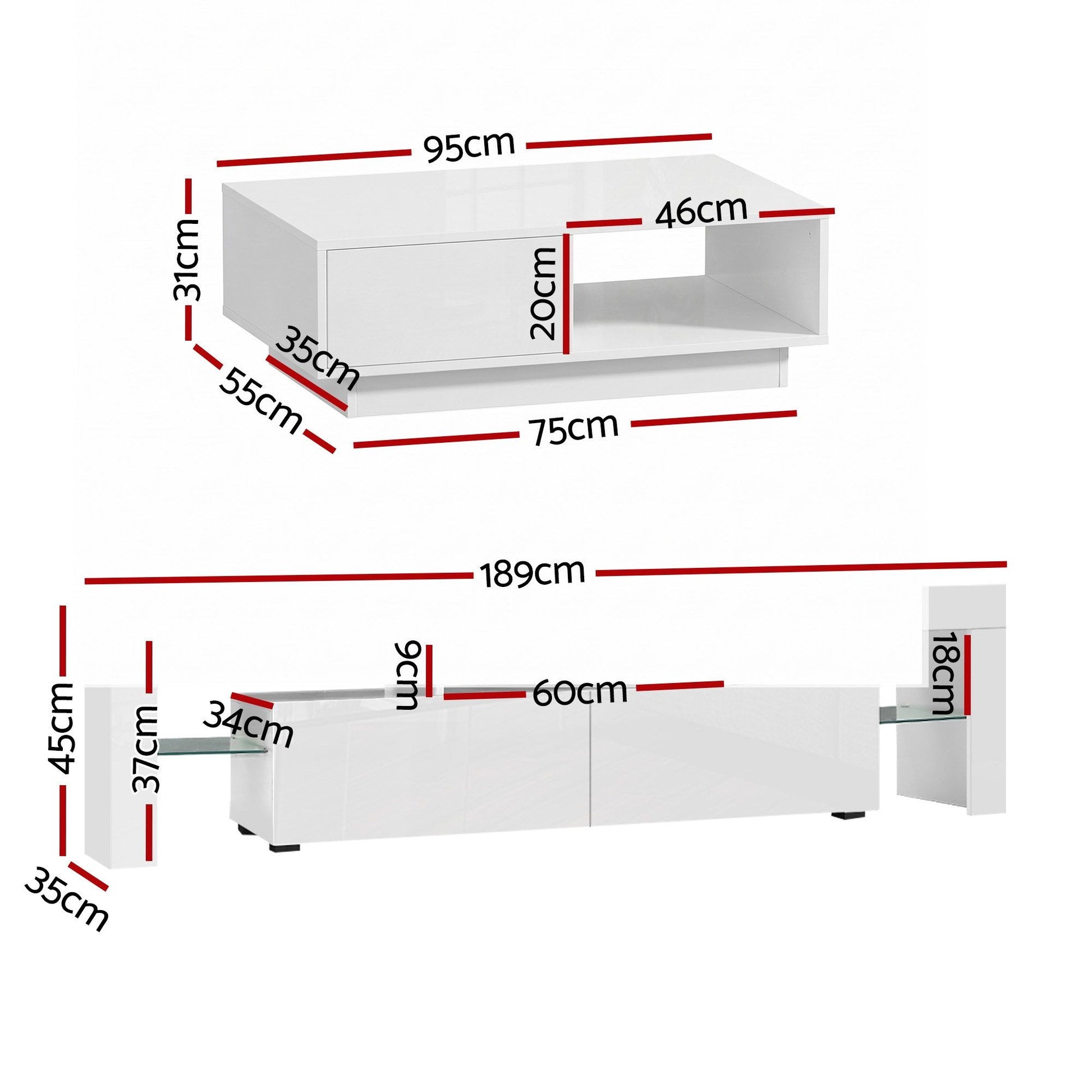 Artiss LED TV Unit & Coffee Table Set Storage Cabinet White - Homecoze