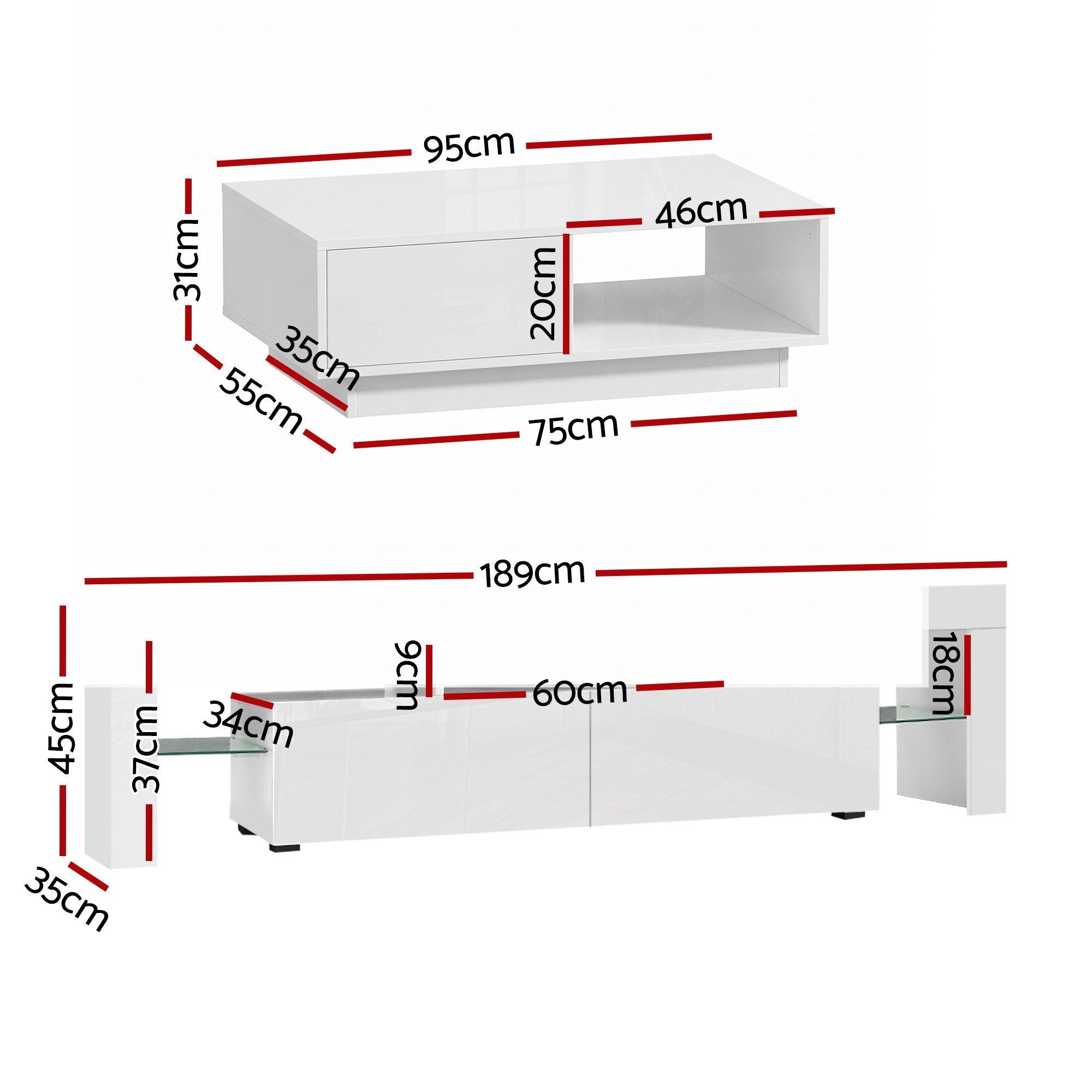 Artiss LED TV Unit & Coffee Table Set Storage Cabinet White - Homecoze