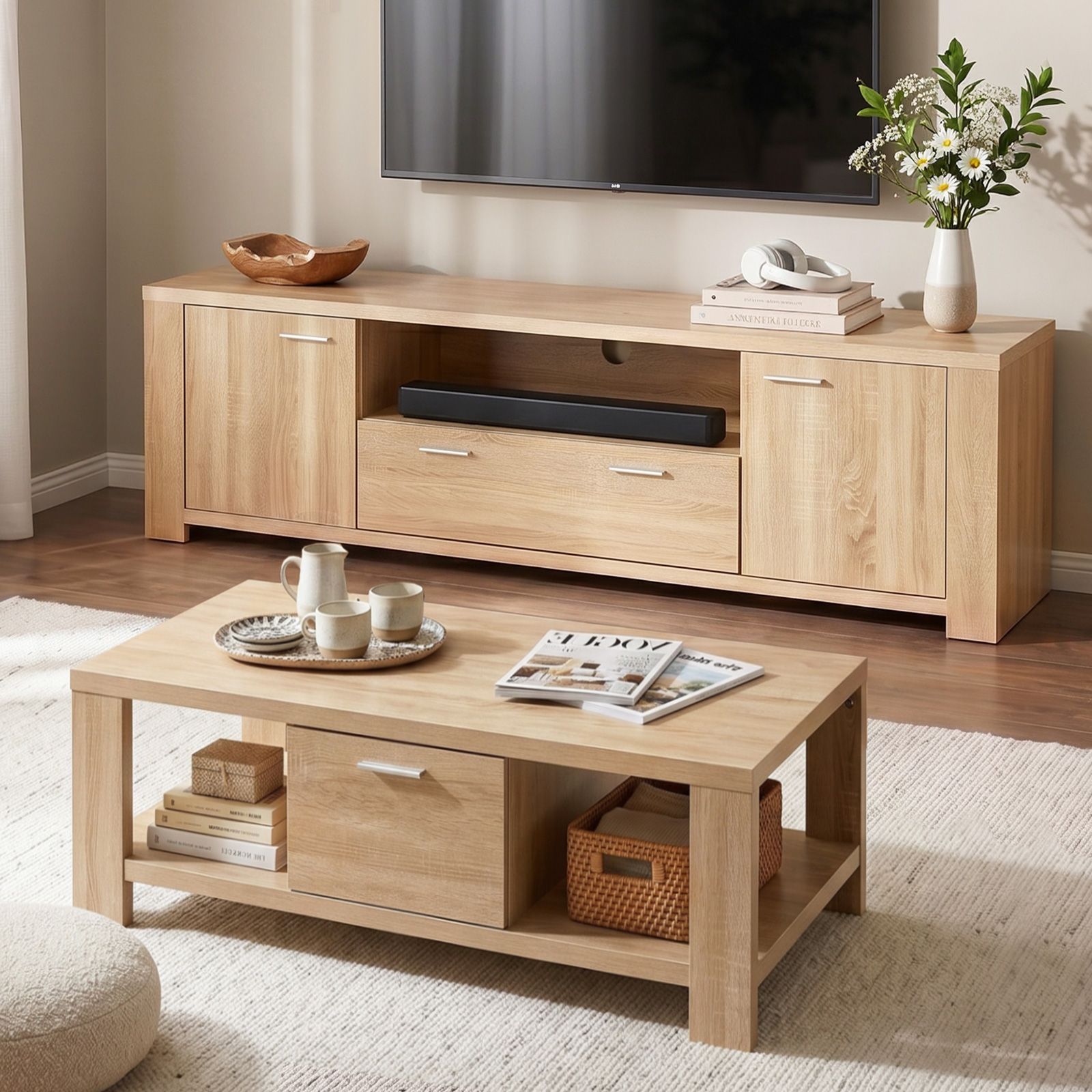 Artiss TV Unit & Coffee Table Set Storage Drawer Pine - Homecoze