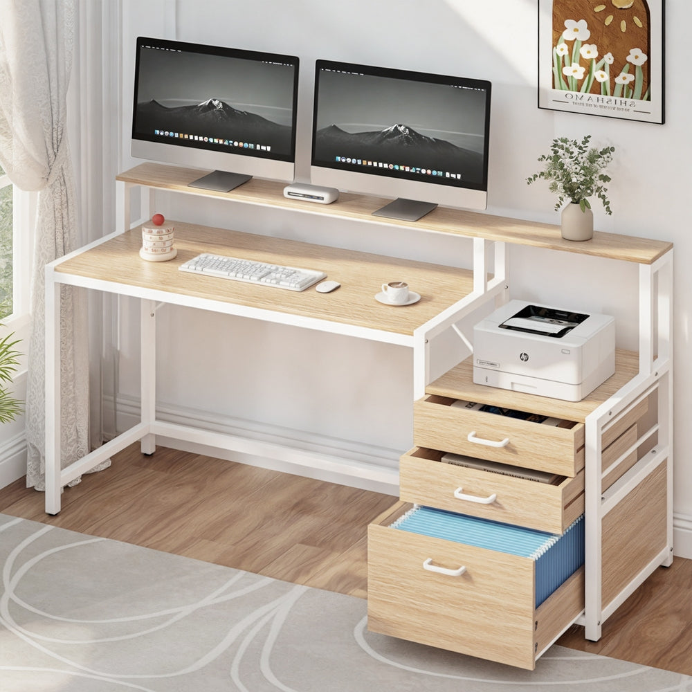 Artiss Computer Desk Home Office Study Table Desks w/Drawers Open Shelf Oak 160CM - Homecoze