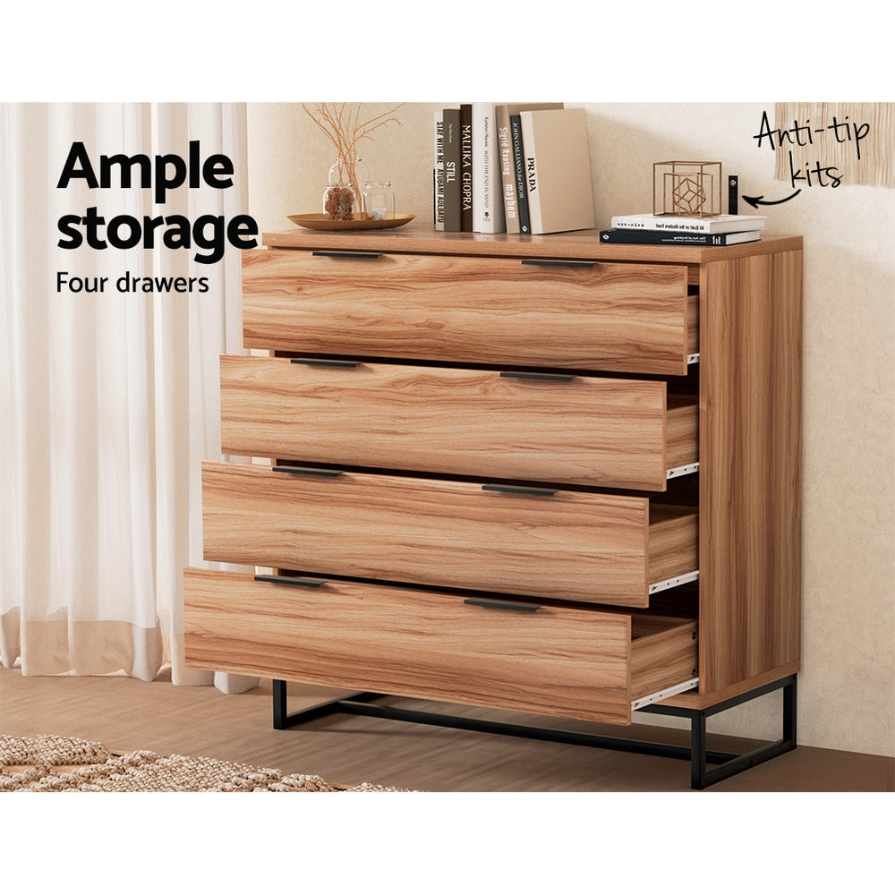 Modern Style Chest of Drawers Tallboy 4 Drawer Bedroom Dresser - Rustic Oak - Homecoze