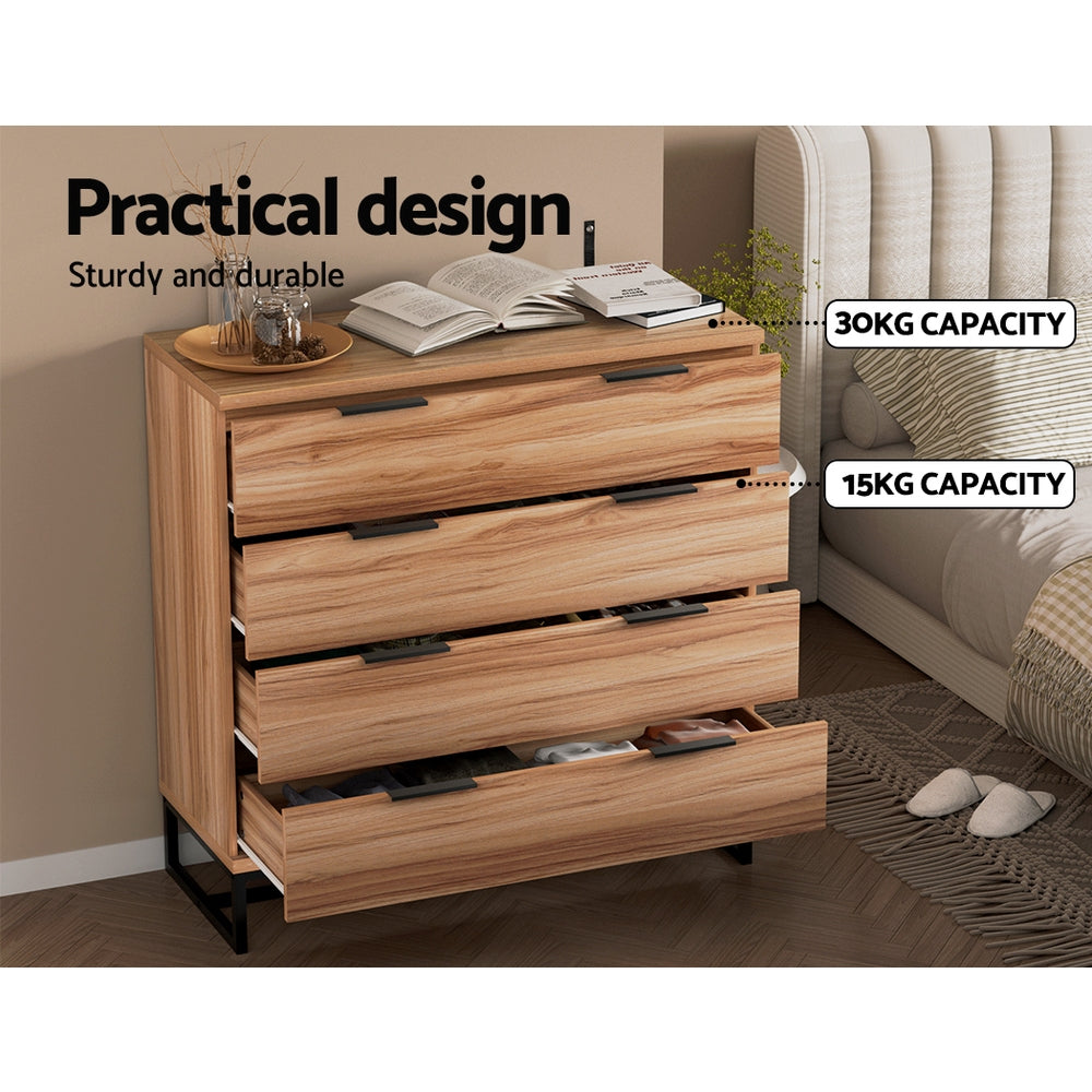 Modern Style Chest of Drawers Tallboy 4 Drawer Bedroom Dresser - Rustic Oak - Homecoze