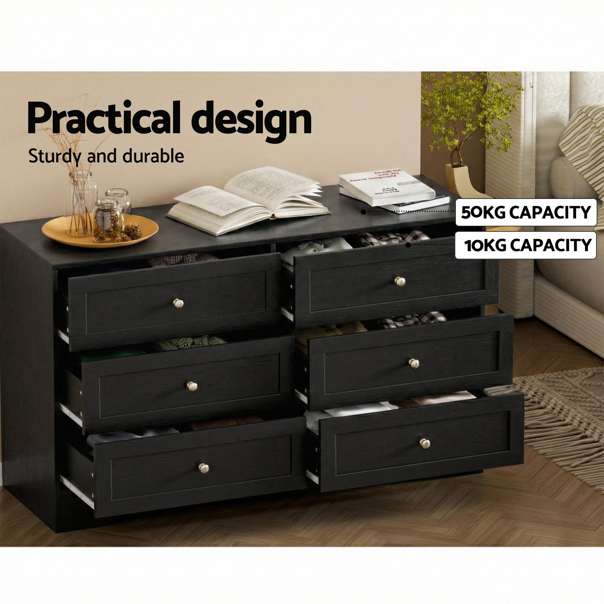 Artiss 6 Chest of Drawers Tallboy Cabinet - LEIF Black - Homecoze