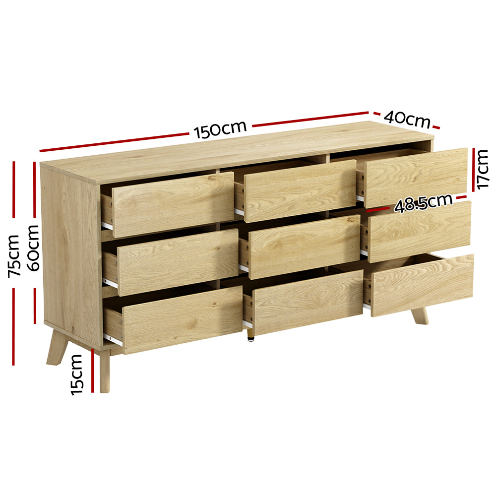 9 Drawer Chest of Drawers Lowboy Bedroom Storage Dresser - Oak - Homecoze