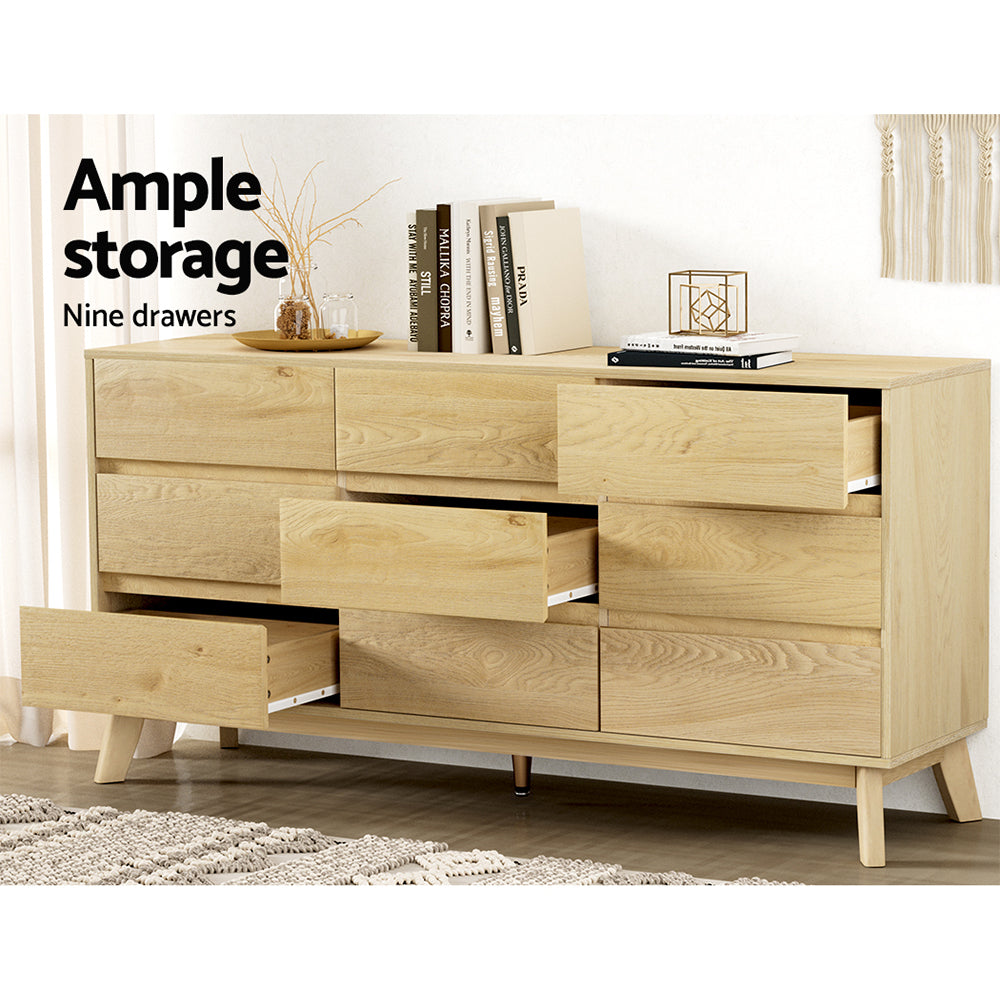 9 Drawer Chest of Drawers Lowboy Bedroom Storage Dresser - Oak - Homecoze
