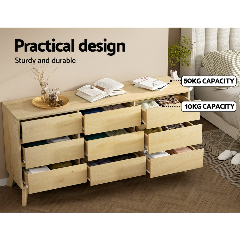 9 Drawer Chest of Drawers Lowboy Bedroom Storage Dresser - Oak - Homecoze