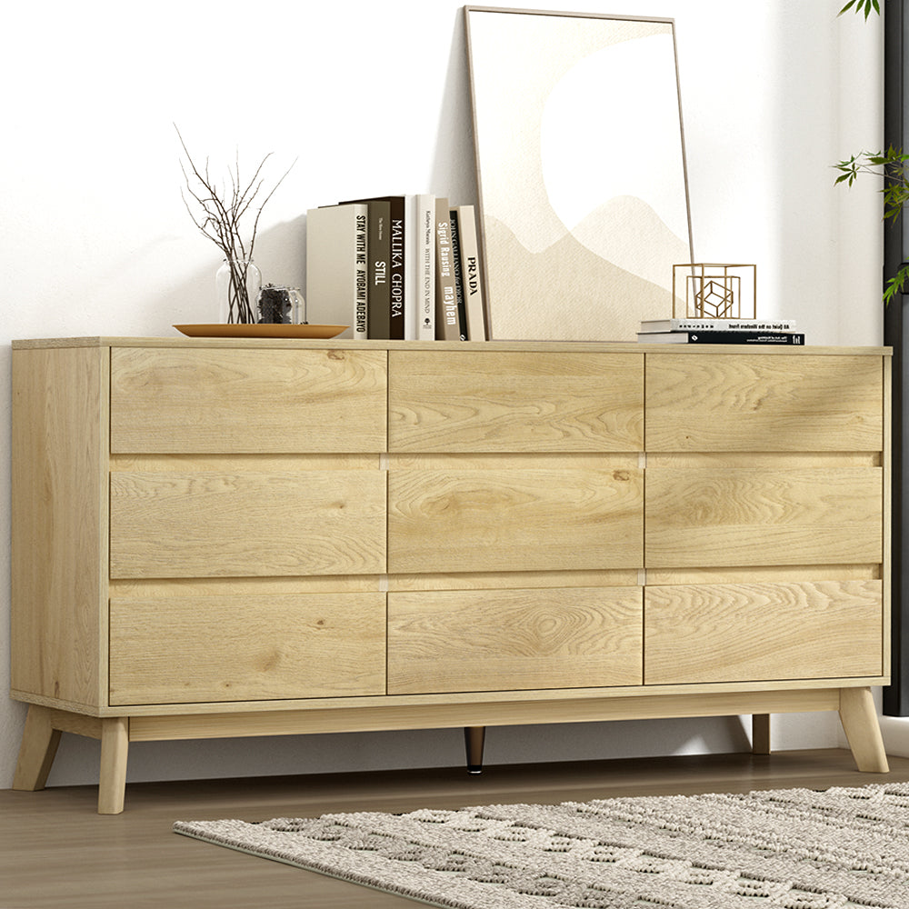 9 Drawer Chest of Drawers Lowboy Bedroom Storage Dresser - Oak - Homecoze