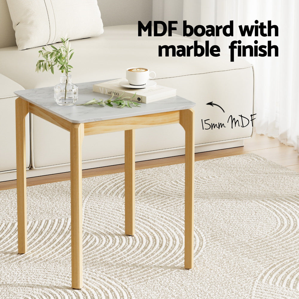 Marble Effect Square Coffee Table - White & Pine