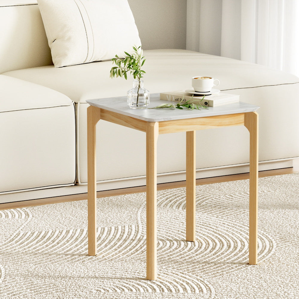 Marble Effect Square Coffee Table - White & Pine