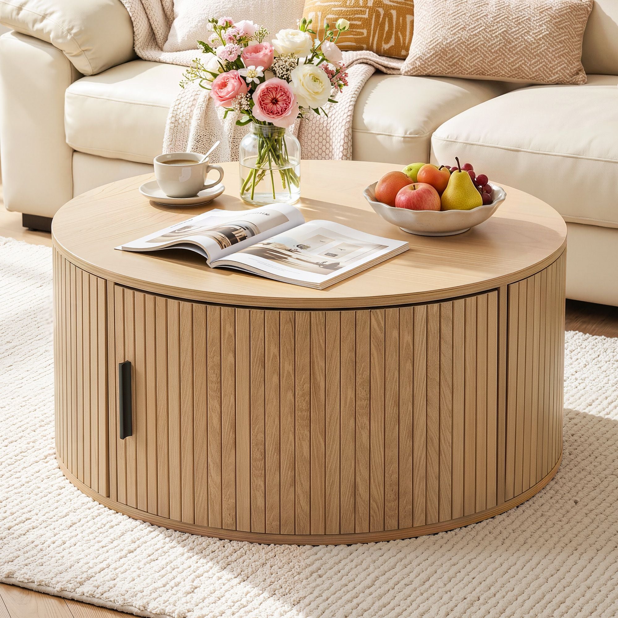 Maelle Fluted Round Coffee Table with Storage 80cm
