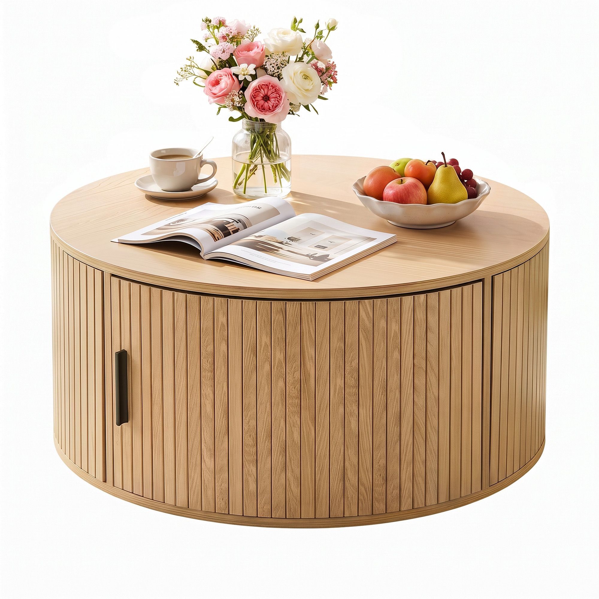 Maelle Fluted Round Coffee Table with Storage 80cm
