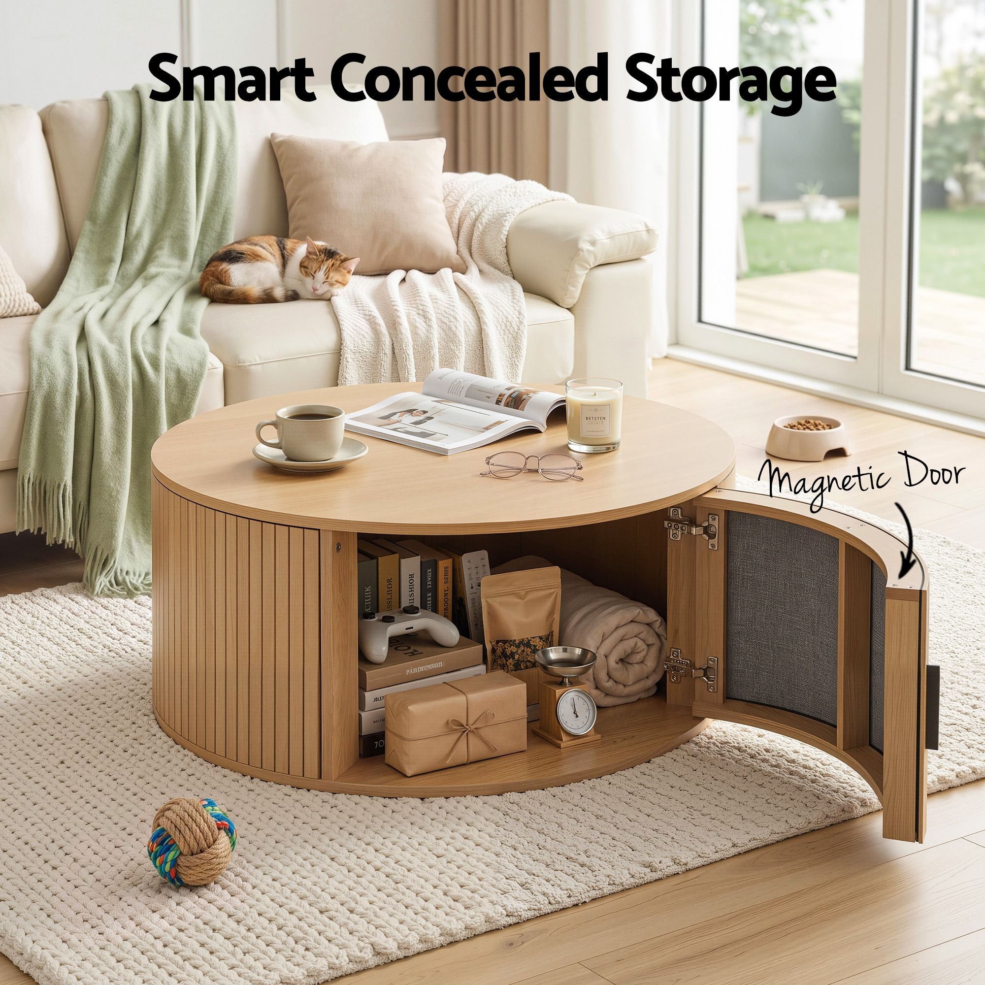 Maelle Fluted Round Coffee Table with Storage 80cm